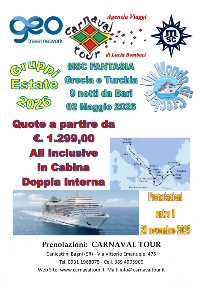 MSC FANTASIA  02 Maggio 2026 da Bari - Carnaval Tour