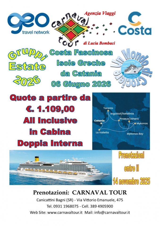 COSTA FASCINOSA 06 Giugno 2026 da Catania - Carnaval Tour