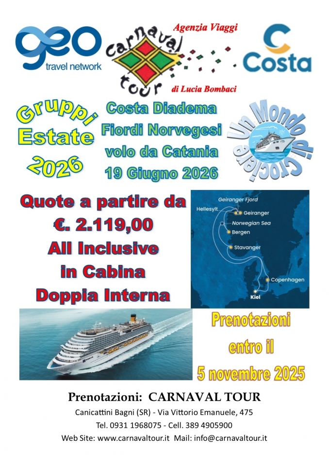 COSTA DIADEMA 19 GIUGNO 2026 - Carnaval Tour