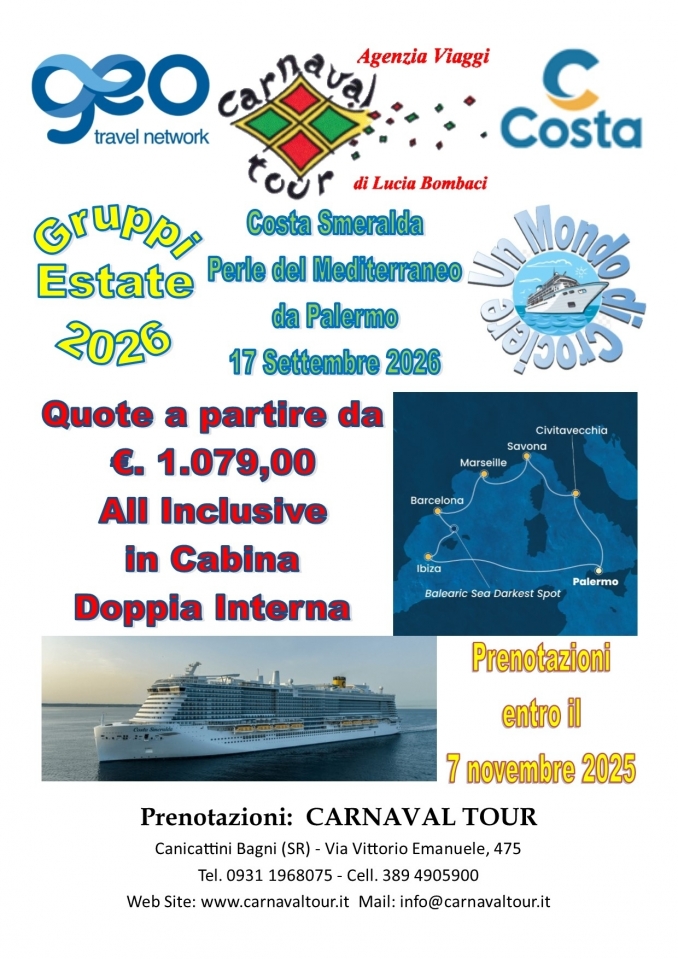 COSTA SMERALDA 17 Settembre 2026 da Palermo - Carnaval Tour